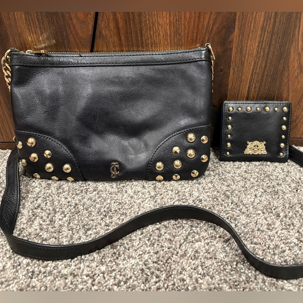 Black Studded Leather Crossbody Bag with Wallet